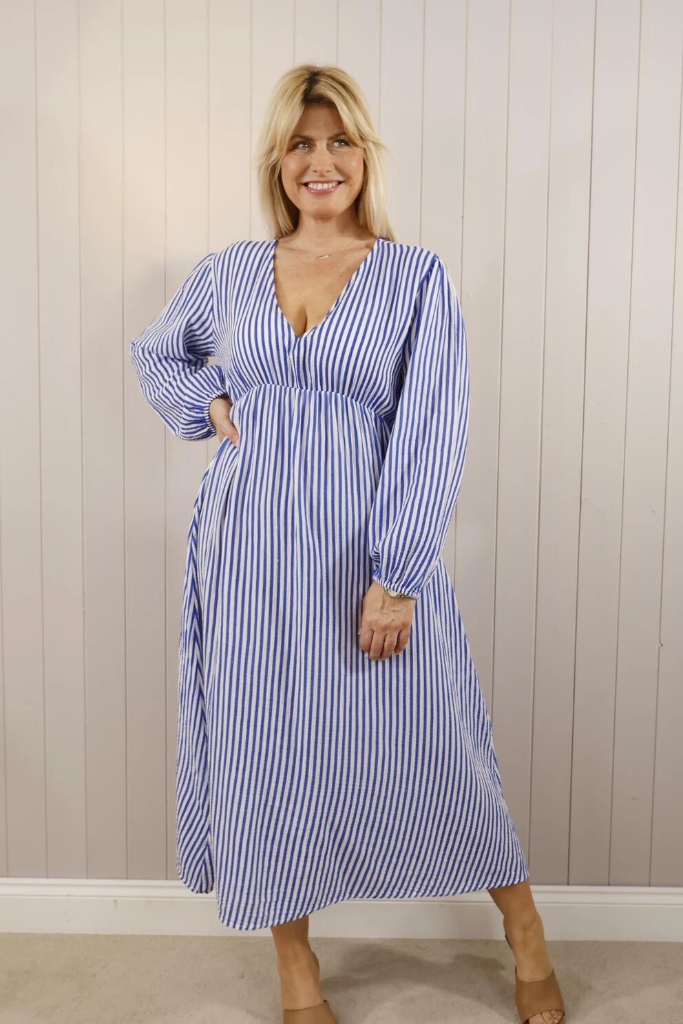 Steffi Long Sleeved Striped Dress Blue Fringe-Detail