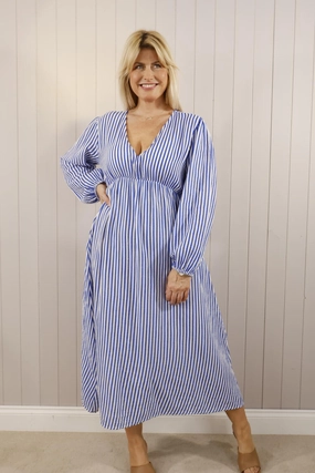 Steffi Long Sleeved Striped Dress Blue Fringe-Detail
