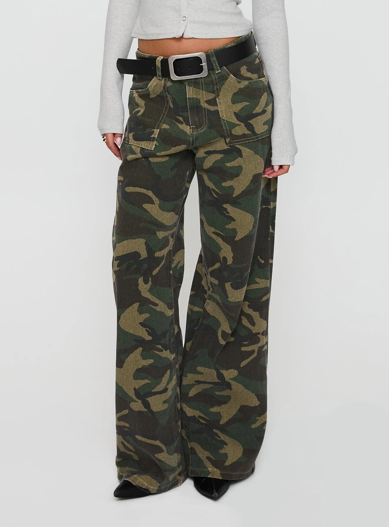 Briony Mid Rise Wide Leg Jeans Camouflage Casual Wear Eco Friendly Date Night