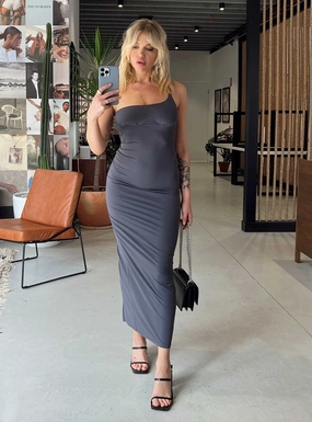 Deliza One Shoulder Maxi Dress Grey Contemporary Vibe Workwear Comfort