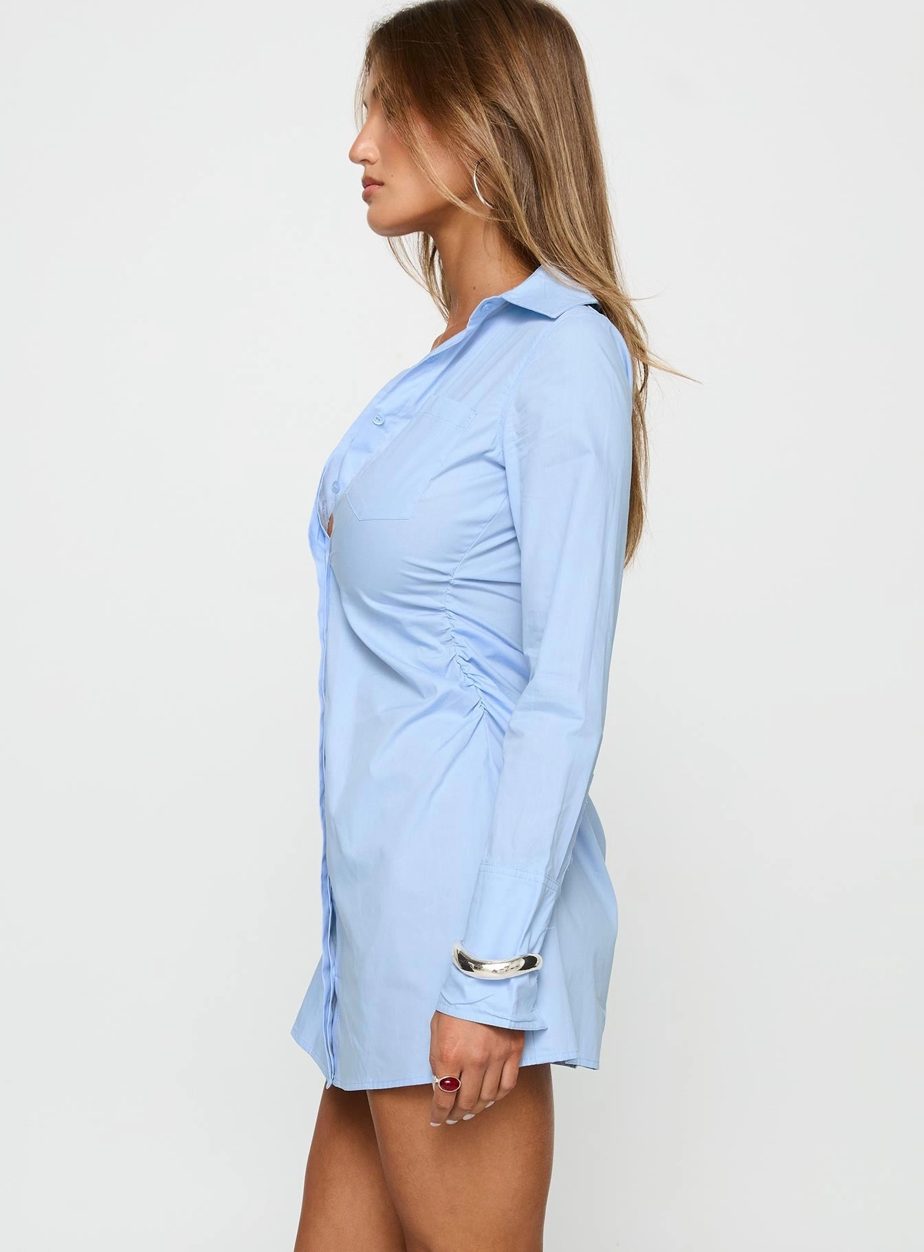 Cesarina Ruched Shirt Mini Dress Blue Cozy Balance Cozy Cut