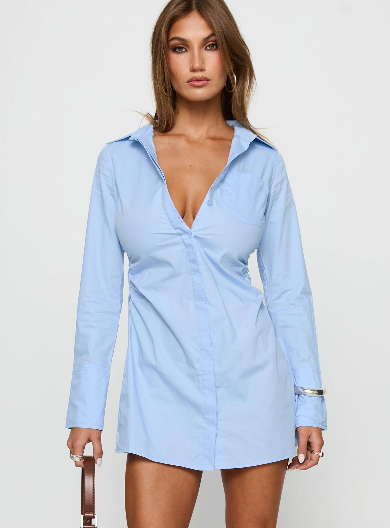 Quick Elegance Buckle-Detail Cesarina Ruched Shirt Mini Dress Blue