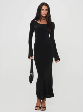 Wrap Glow Cool Tone Janice Long Sleeve Maxi Dress Black