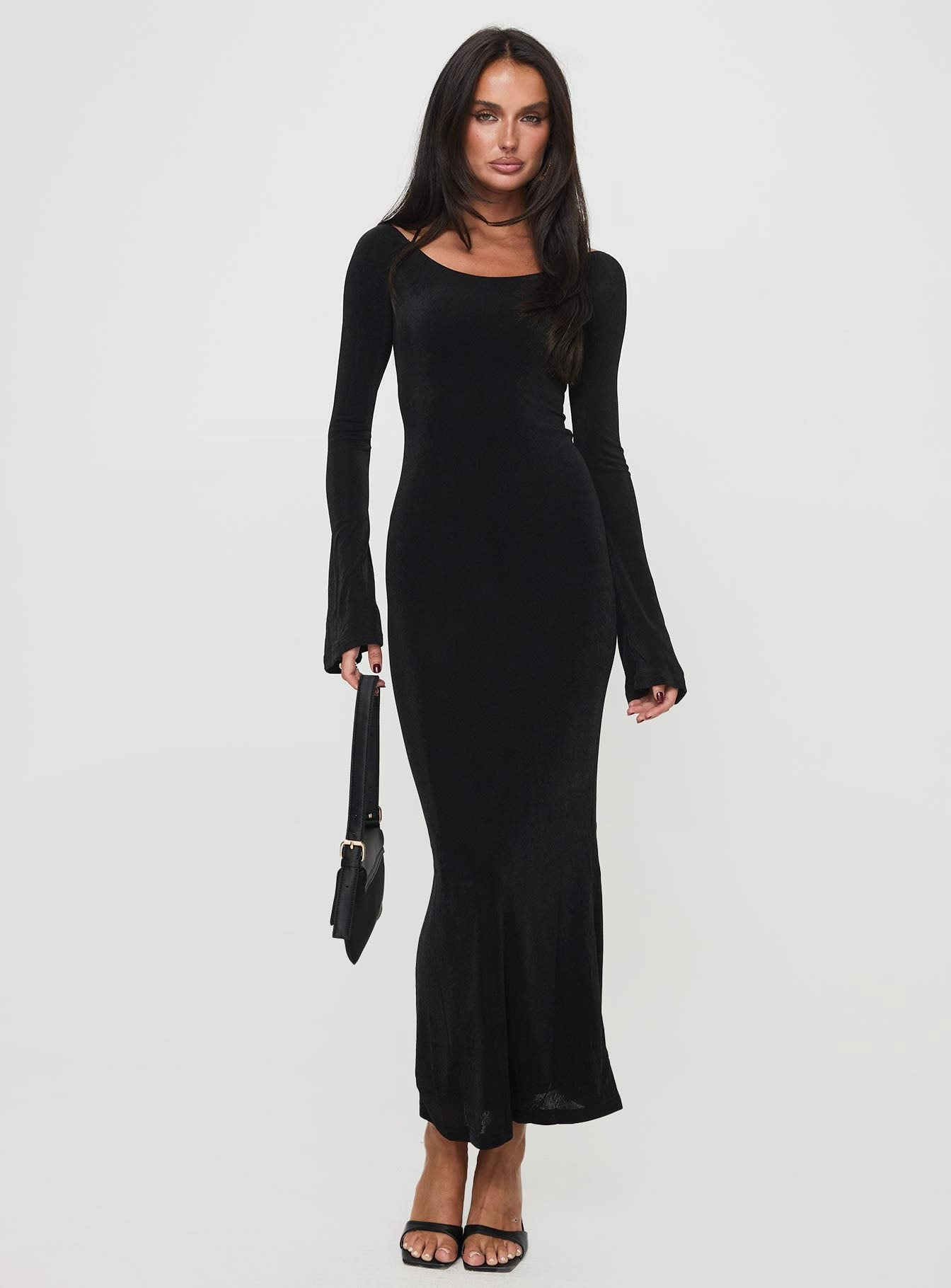 Wrap Glow Cool Tone Janice Long Sleeve Maxi Dress Black