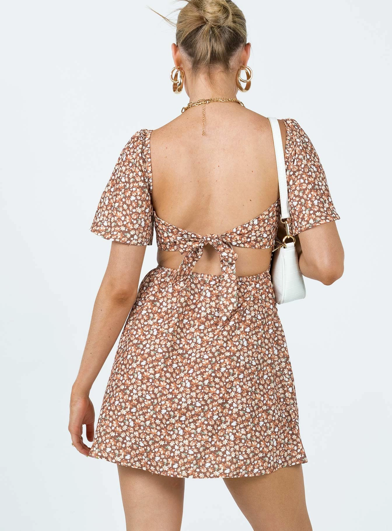 Sleek Drape Soft touch evening dress Summer Nights Mini Dress Brown Floral
