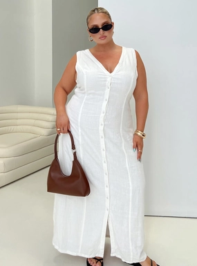 Linen Vibe Fitted waist Summer Season Linen Blend Maxi Dress White Curve