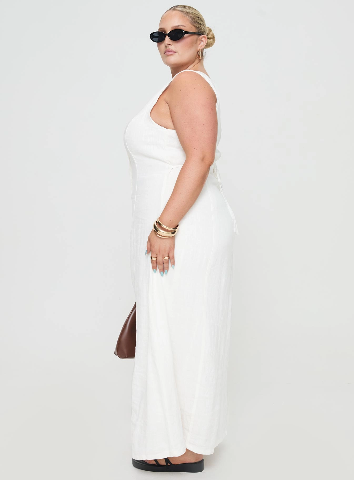 Summer Season Linen Blend Maxi Dress White Curve Feminine Touch Fold-Over-Detail