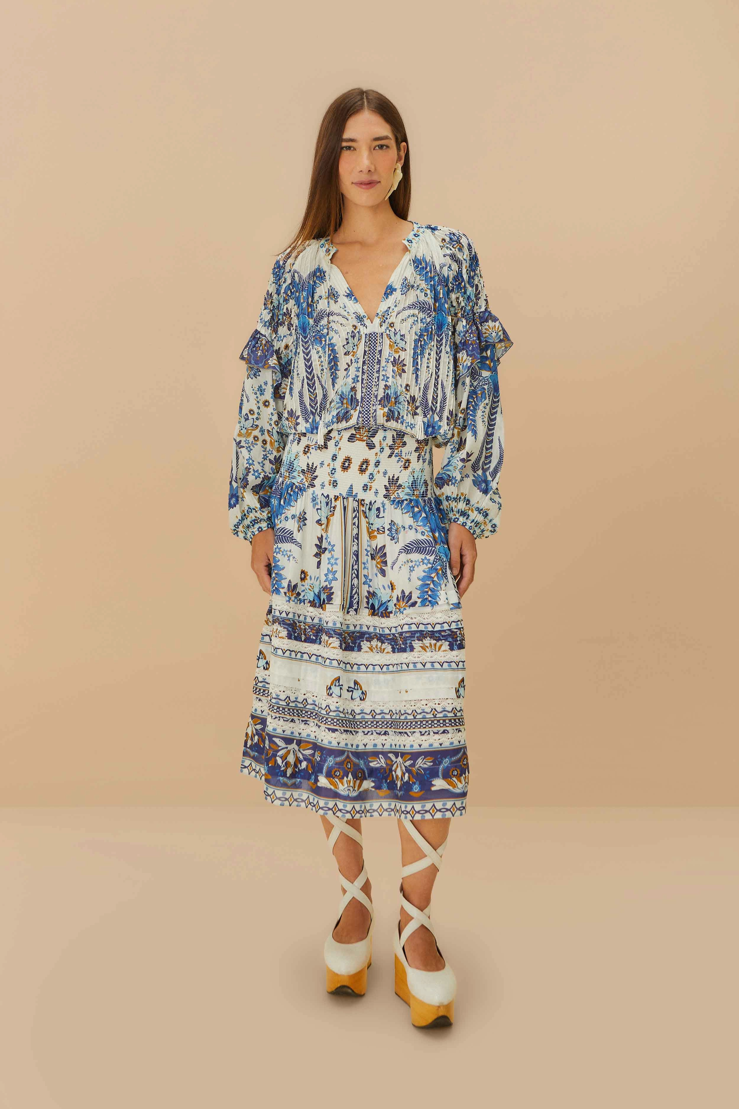 Off-White Ana Tapestry Organic Cotton Midi Skirt Faux Leather
