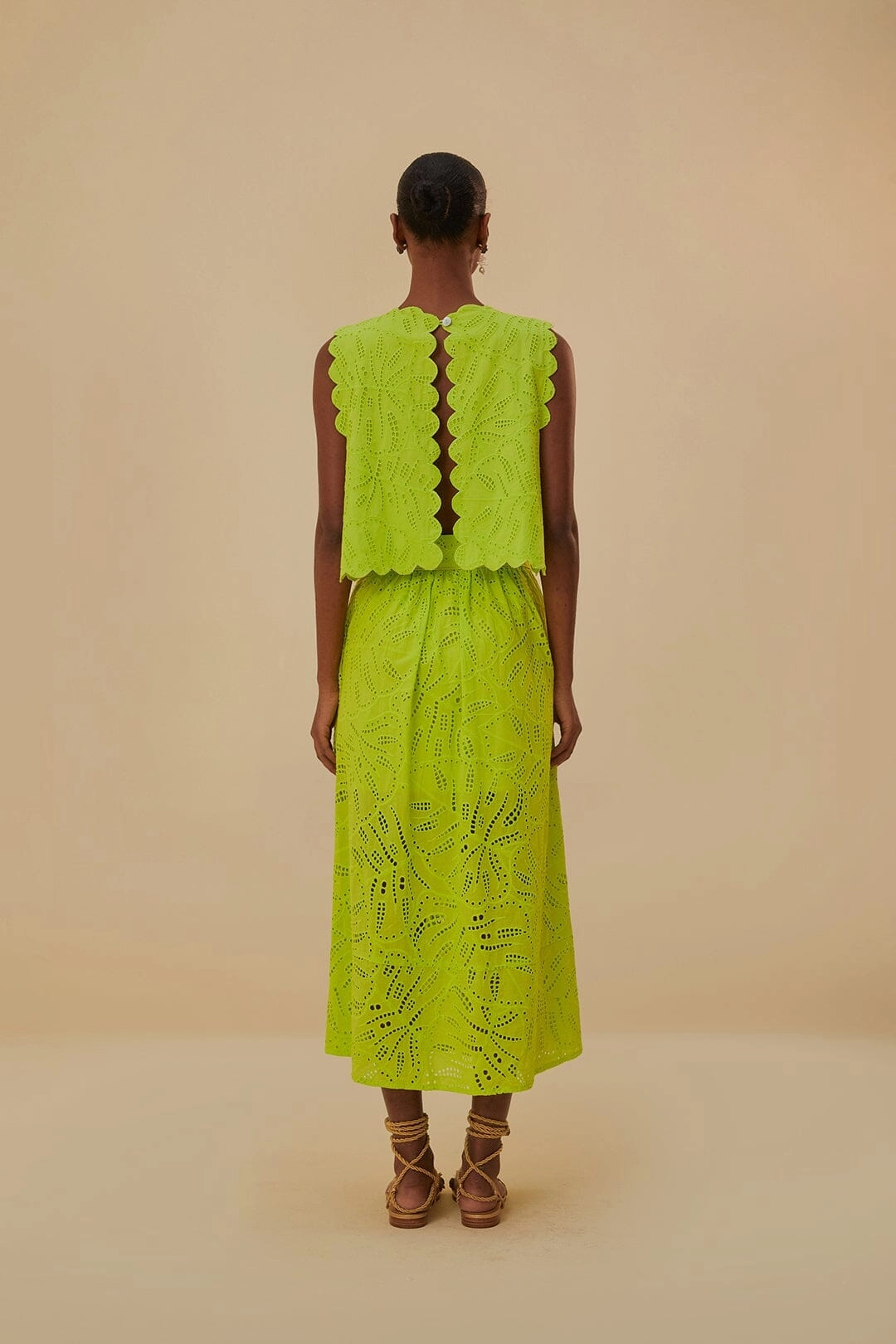 Scalloped Edge Drawstring closure Green Monstera Eyelet Maxi Skirt