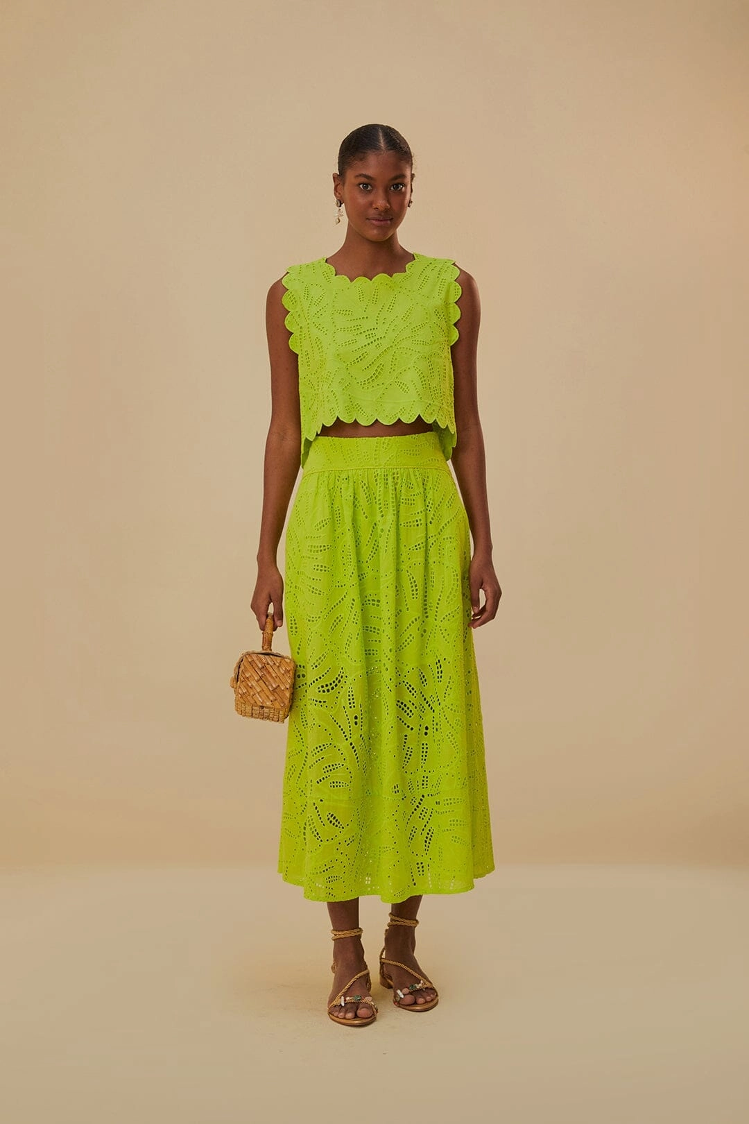 Green Monstera Eyelet Maxi Skirt Layered Design