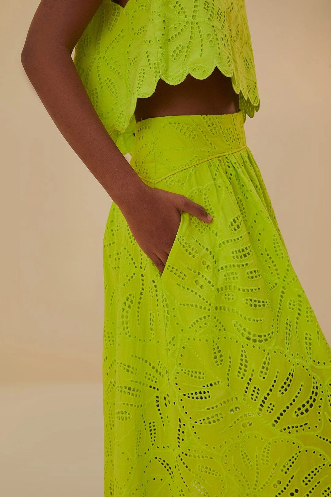Reinforced Hems Green Monstera Eyelet Maxi Skirt