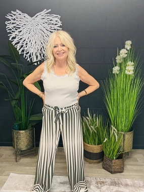 Essential Wearable No Gap Waist Suzie Stripe Trousers Khaki