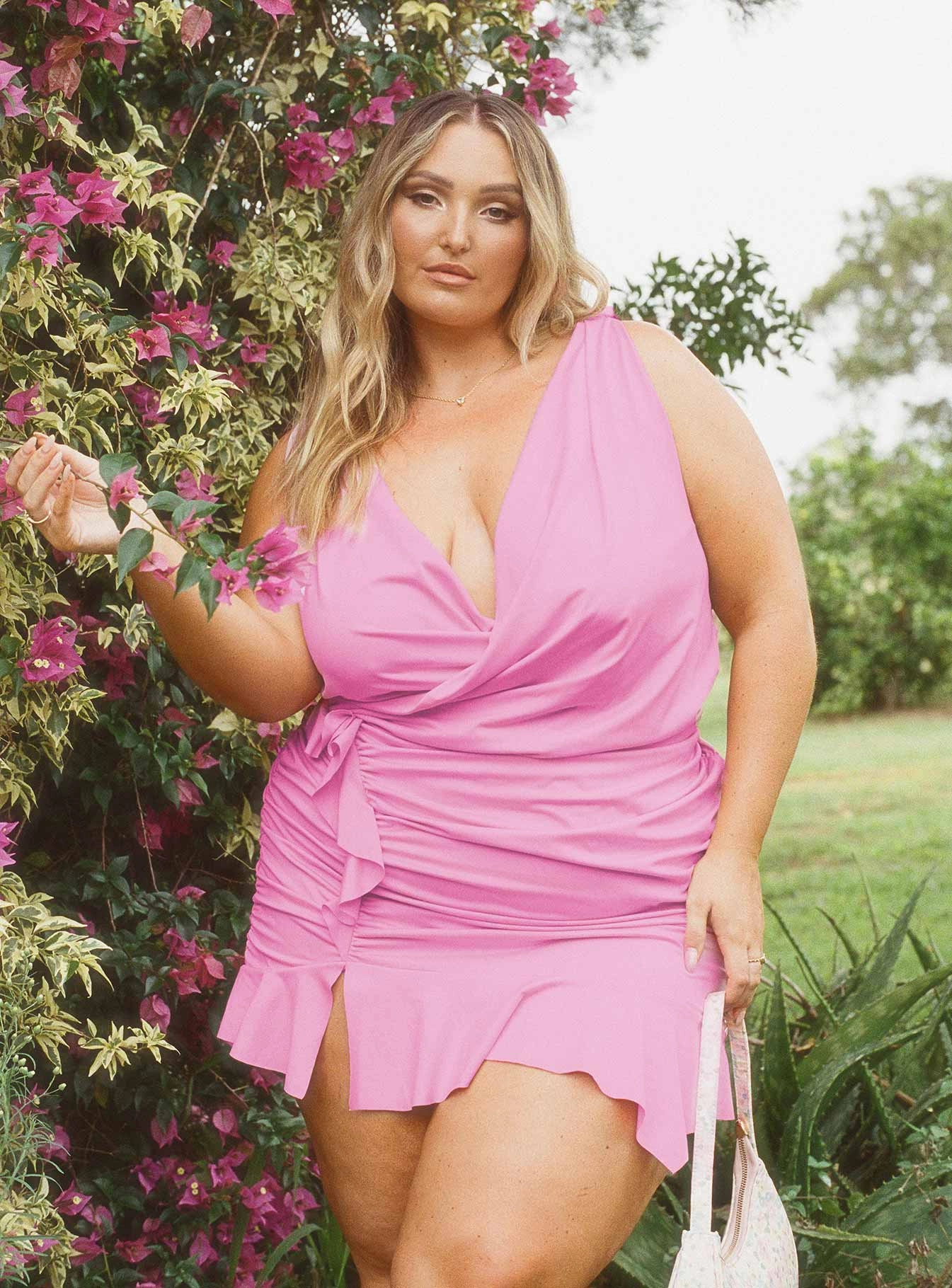 Devotion Mini Dress Pink Curve Silk Air Halter-Neck