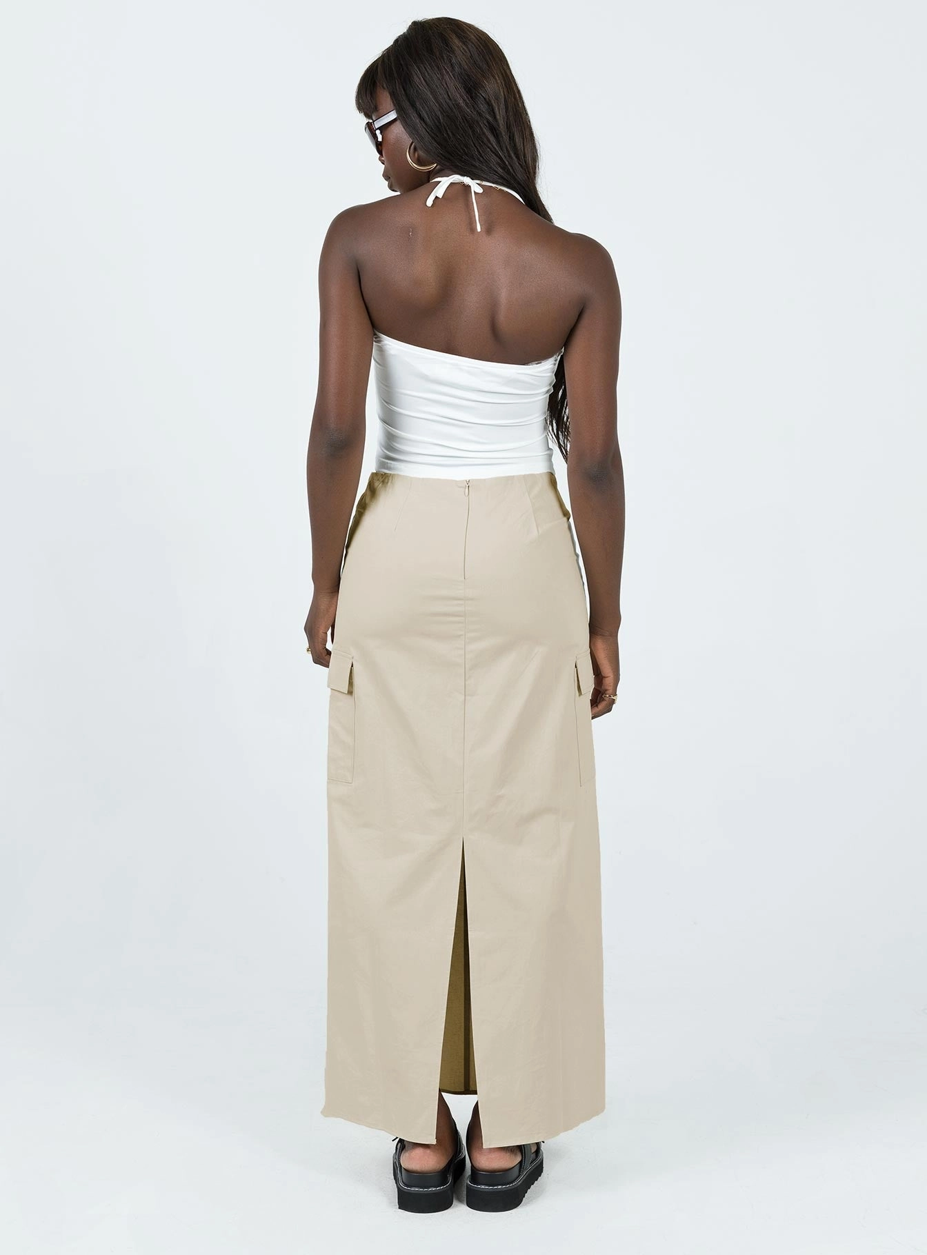 Giddings Cargo Maxi Skirt Beige Crossback Strap Seasonal special