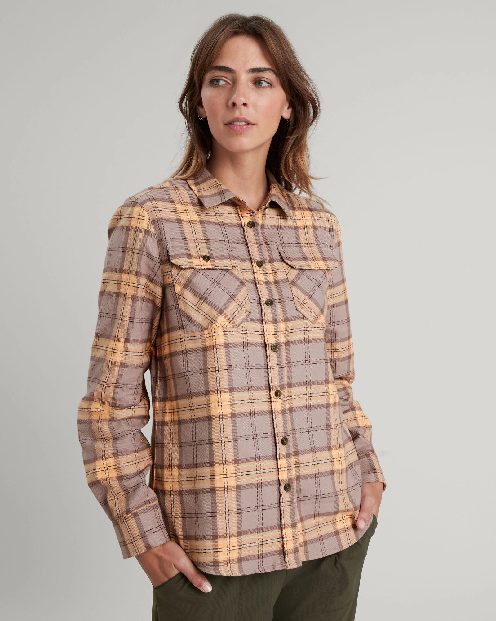 Workwear Essential Lightweight Weave Carrillon Women's HF Long Sleeve Shirt - Taupe/Lolly Check