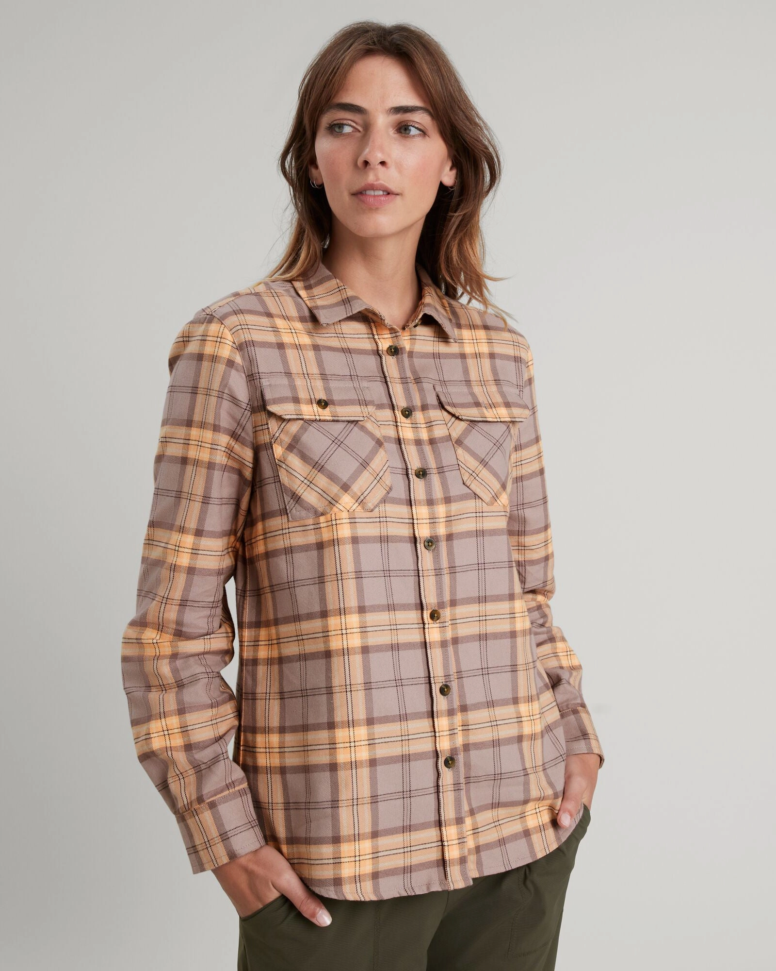 Carrillon Women's HF Long Sleeve Shirt - Taupe/Lolly Check Travel Essential Anti Static Lining