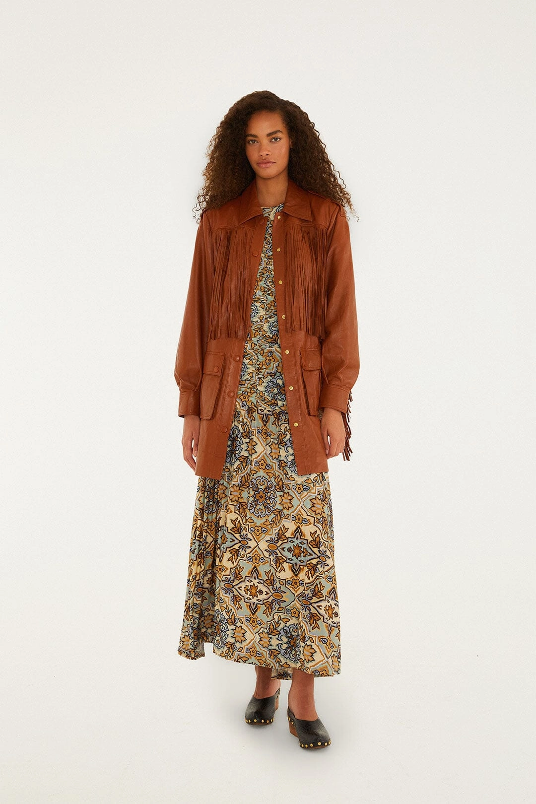 Classic Ribbed Cuffs Brown Fringes Leather Coat
