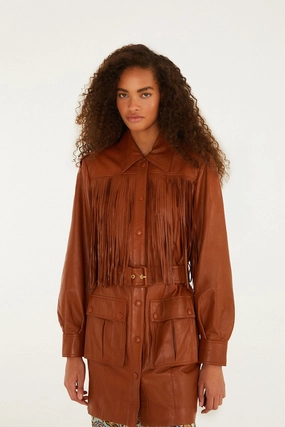 Heat Retention Lining Brown Fringes Leather Coat