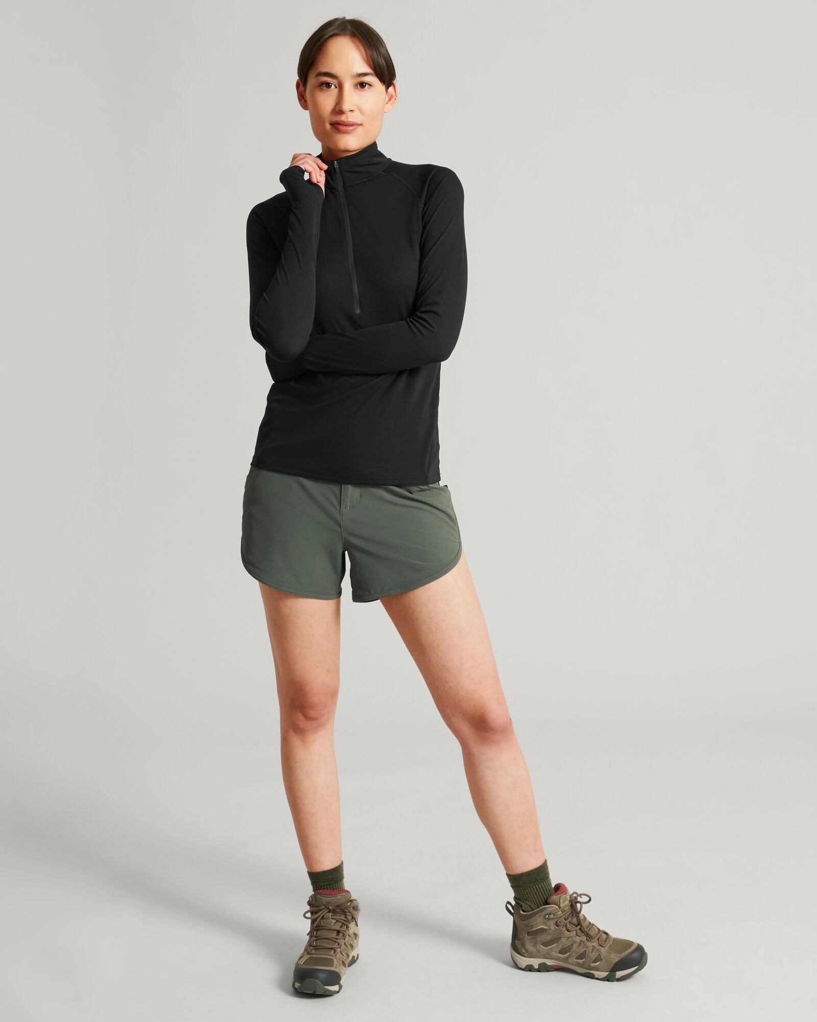 KMDAction Women's Long Sleeve Quarter Zip Top - Black Reinforced Hemlines Temperature Regulating