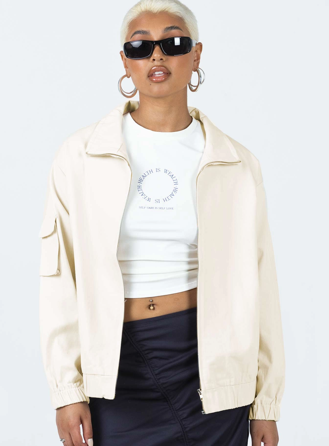 The Eva Bomber Jacket Beige Light Reflective Zippers Weekend Style