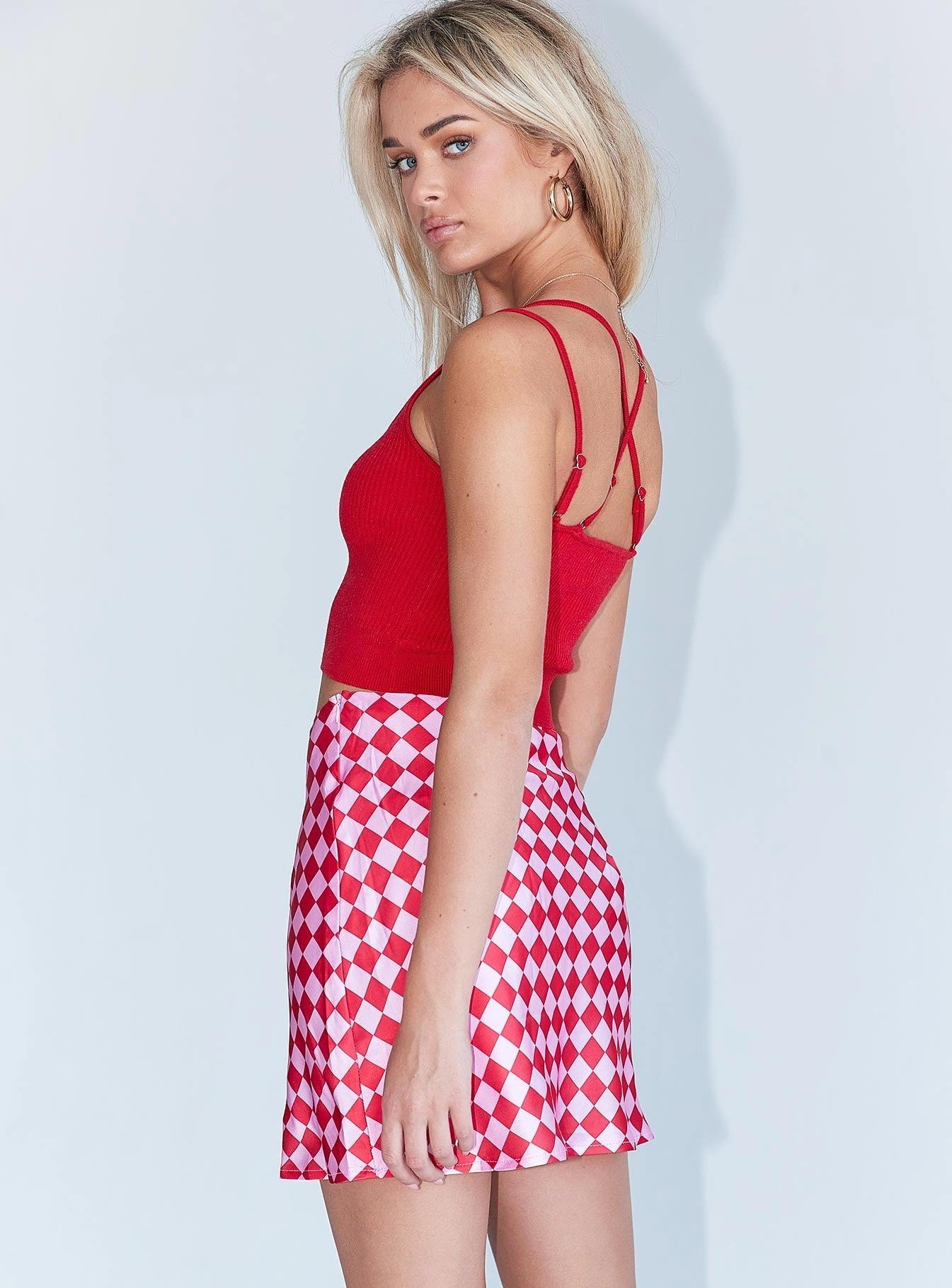 The Joan Checkerboard Mini Skirt Pink Polka Dot