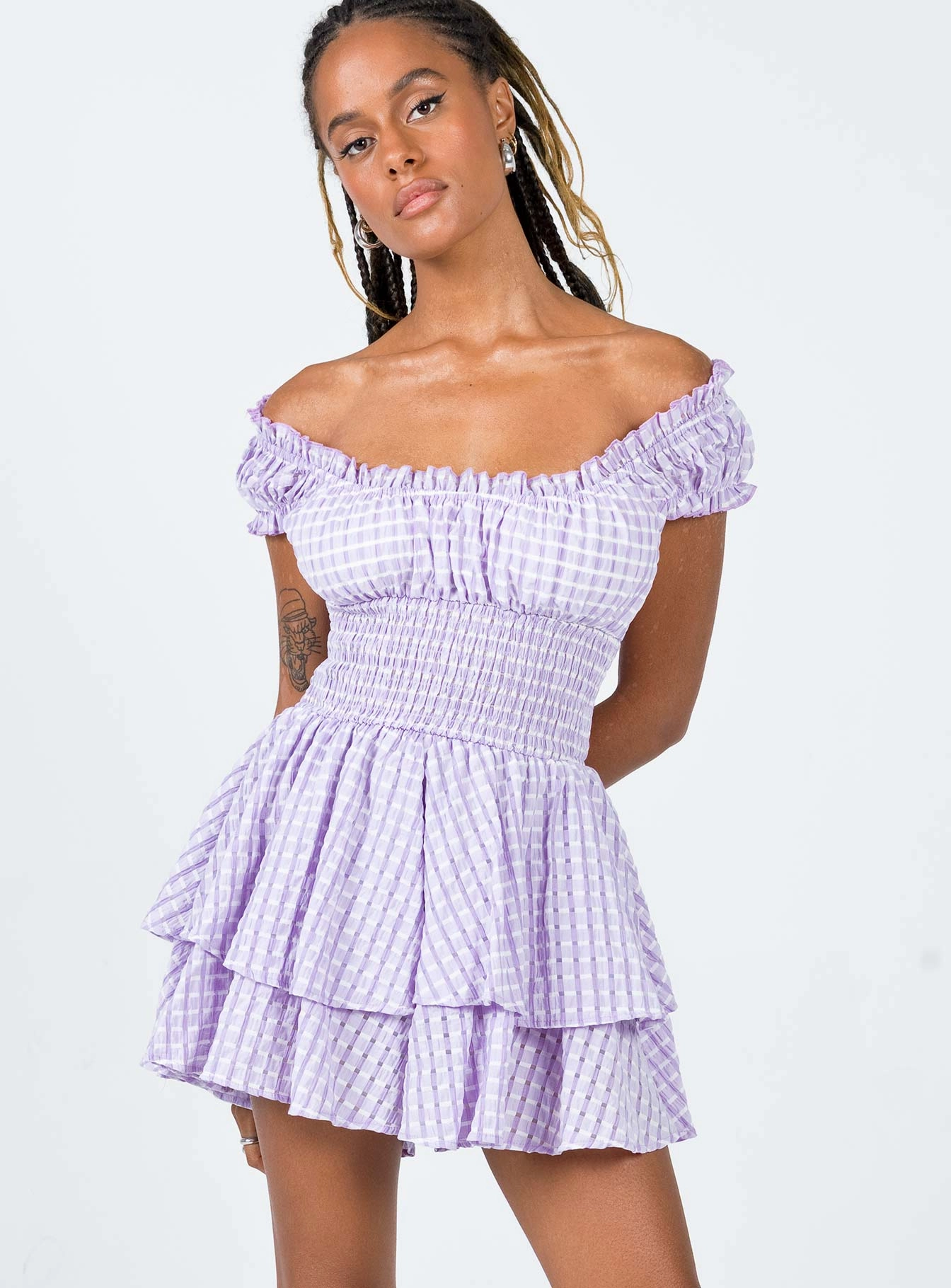 The Love Galore Playsuit Purple Gingham Floral-Pattern Minimal Form