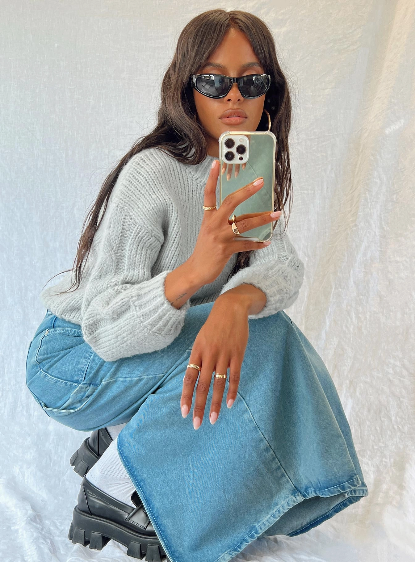 The Ragged Priest Carpenter Maxi Skirt Mid Blue Subtle Details