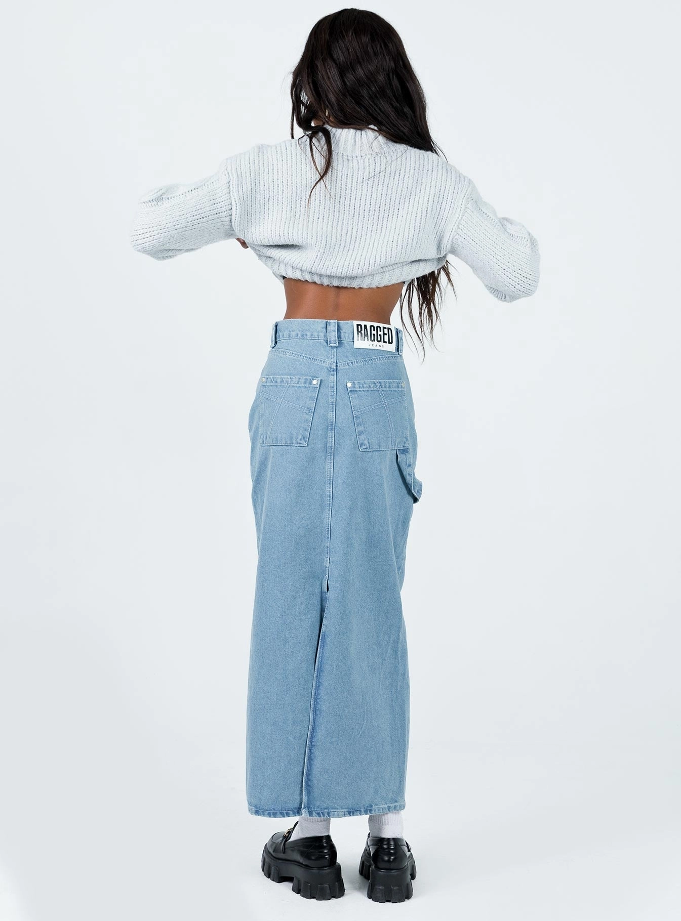 The Ragged Priest Carpenter Maxi Skirt Mid Blue Inverted Pleats Ethically Made