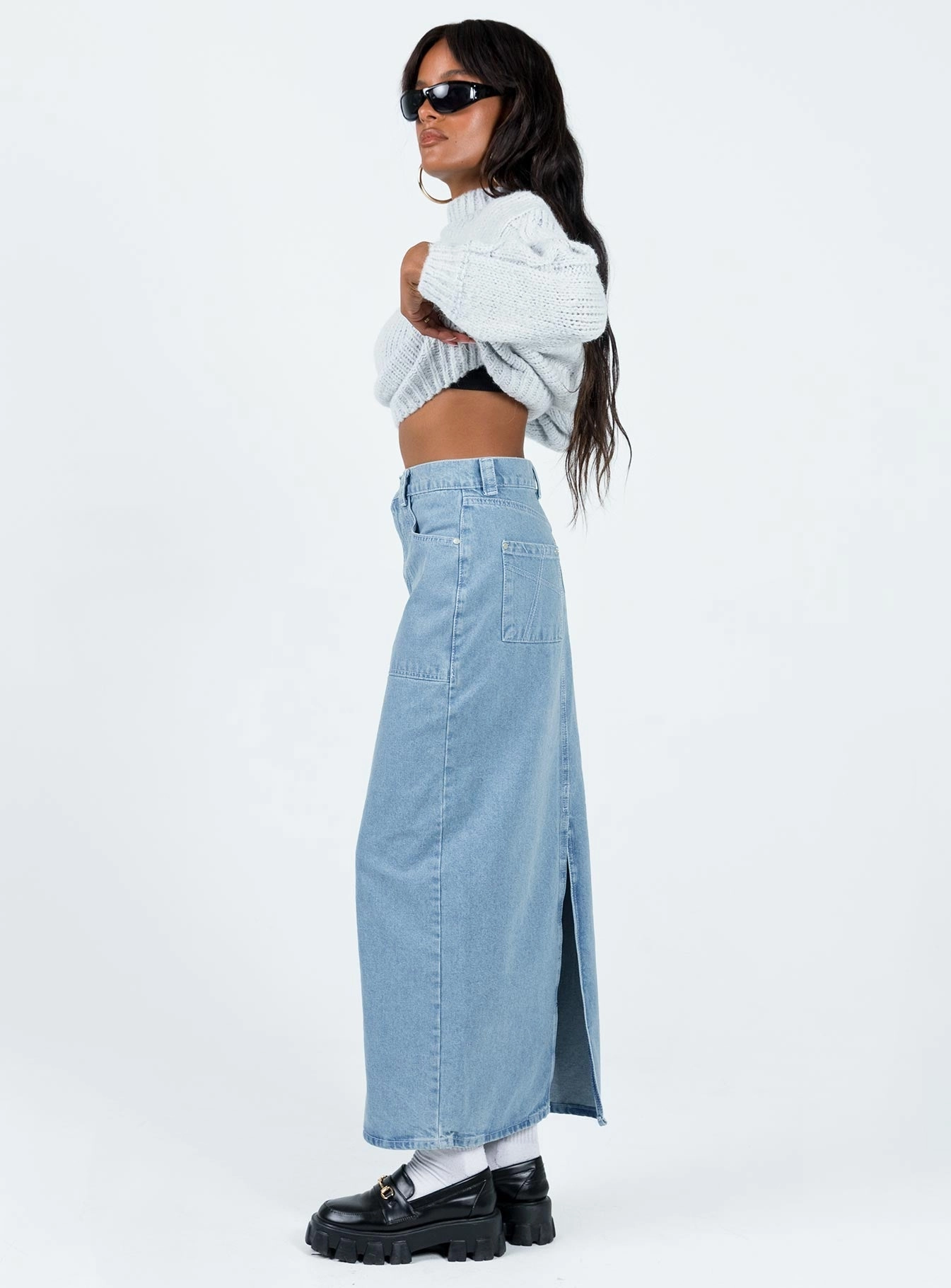 The Ragged Priest Carpenter Maxi Skirt Mid Blue Metallic Finish