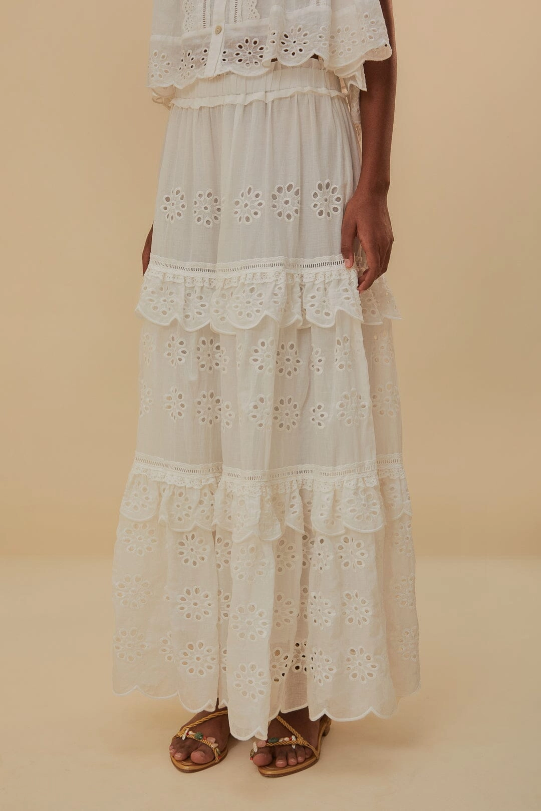 Tiered hem Off-White Low Waist Organic Cotton Maxi Skirt