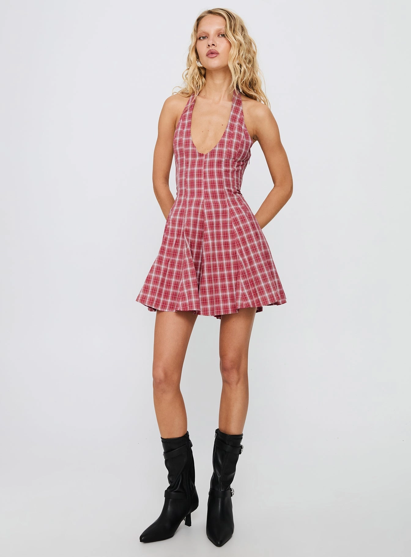Easy Draping Out Of Nowhere Halter Mini Dress Red Check