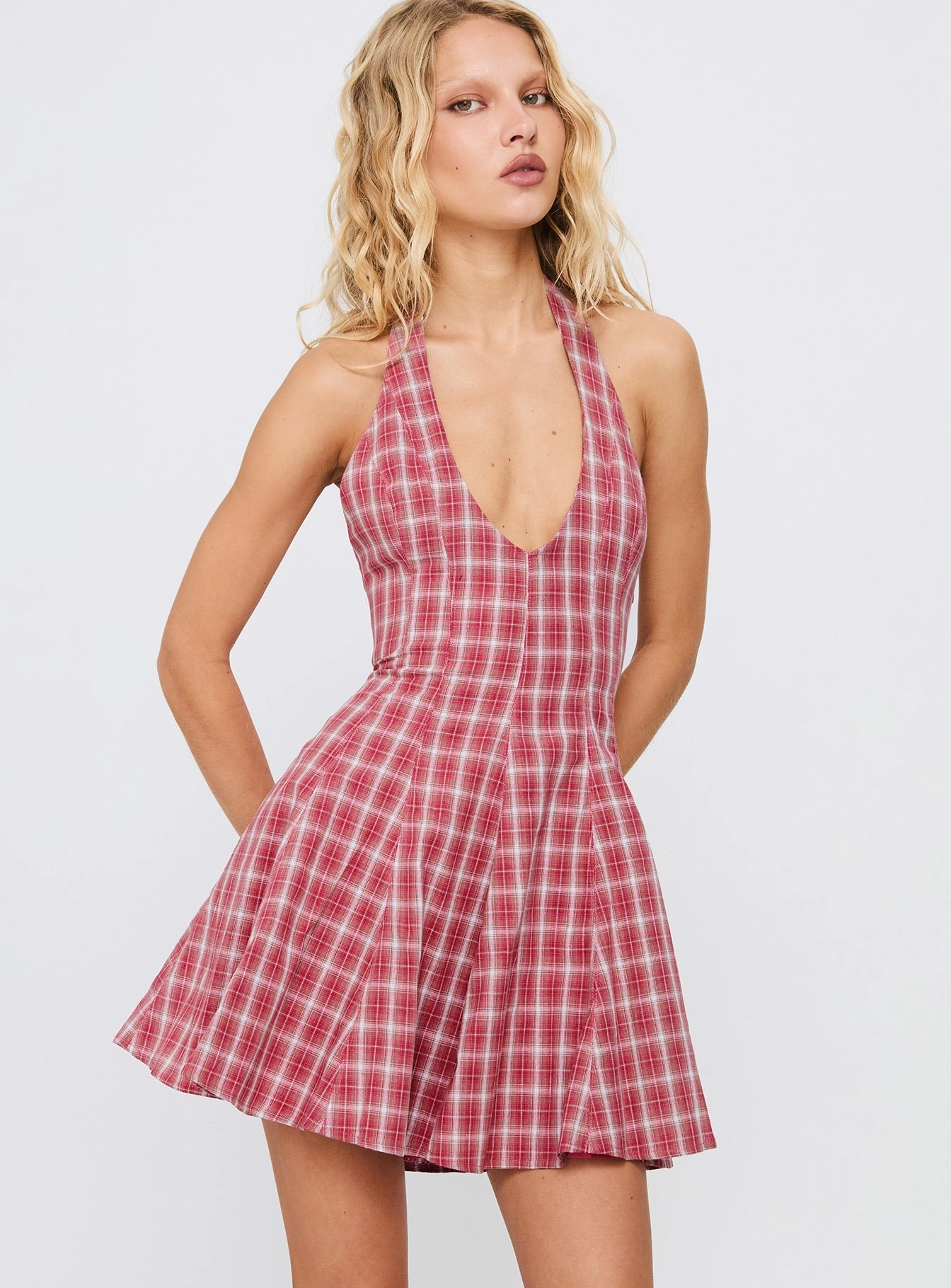 Comfy Flex Out Of Nowhere Halter Mini Dress Red Check