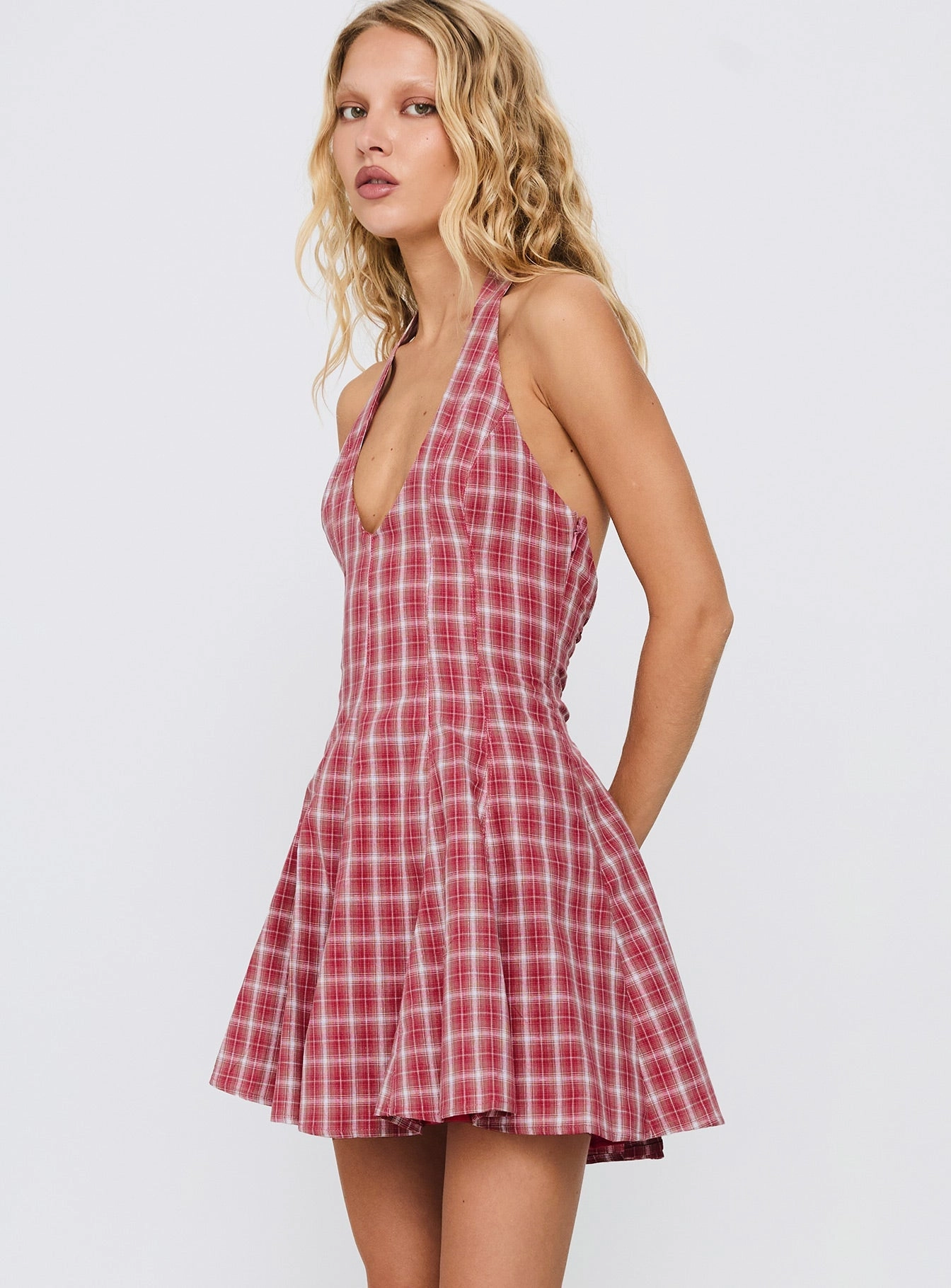 Out Of Nowhere Halter Mini Dress Red Check Bold Movement Color-Blocked