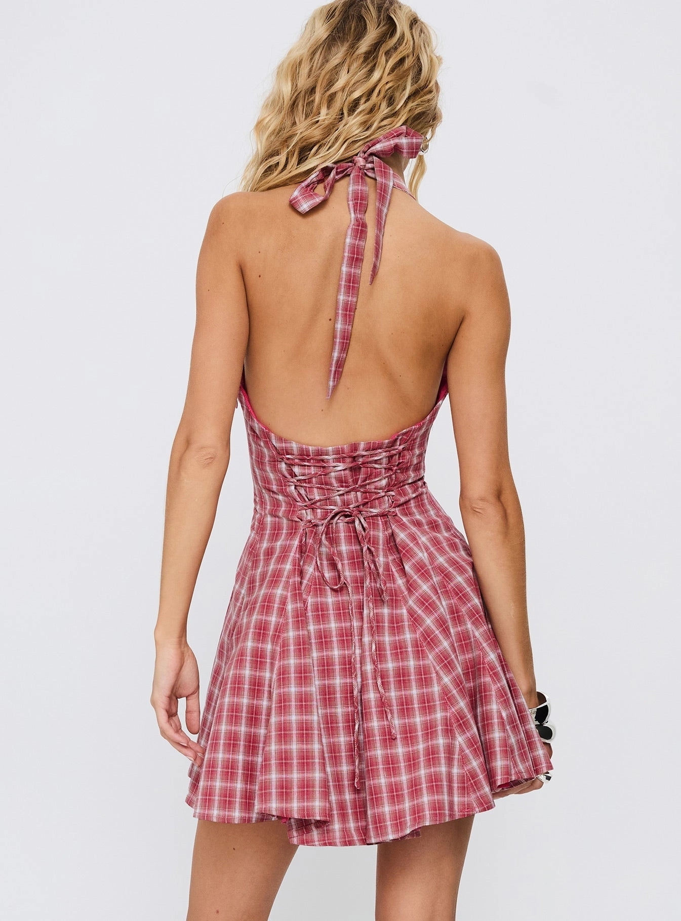 Out Of Nowhere Halter Mini Dress Red Check Beauty Feel