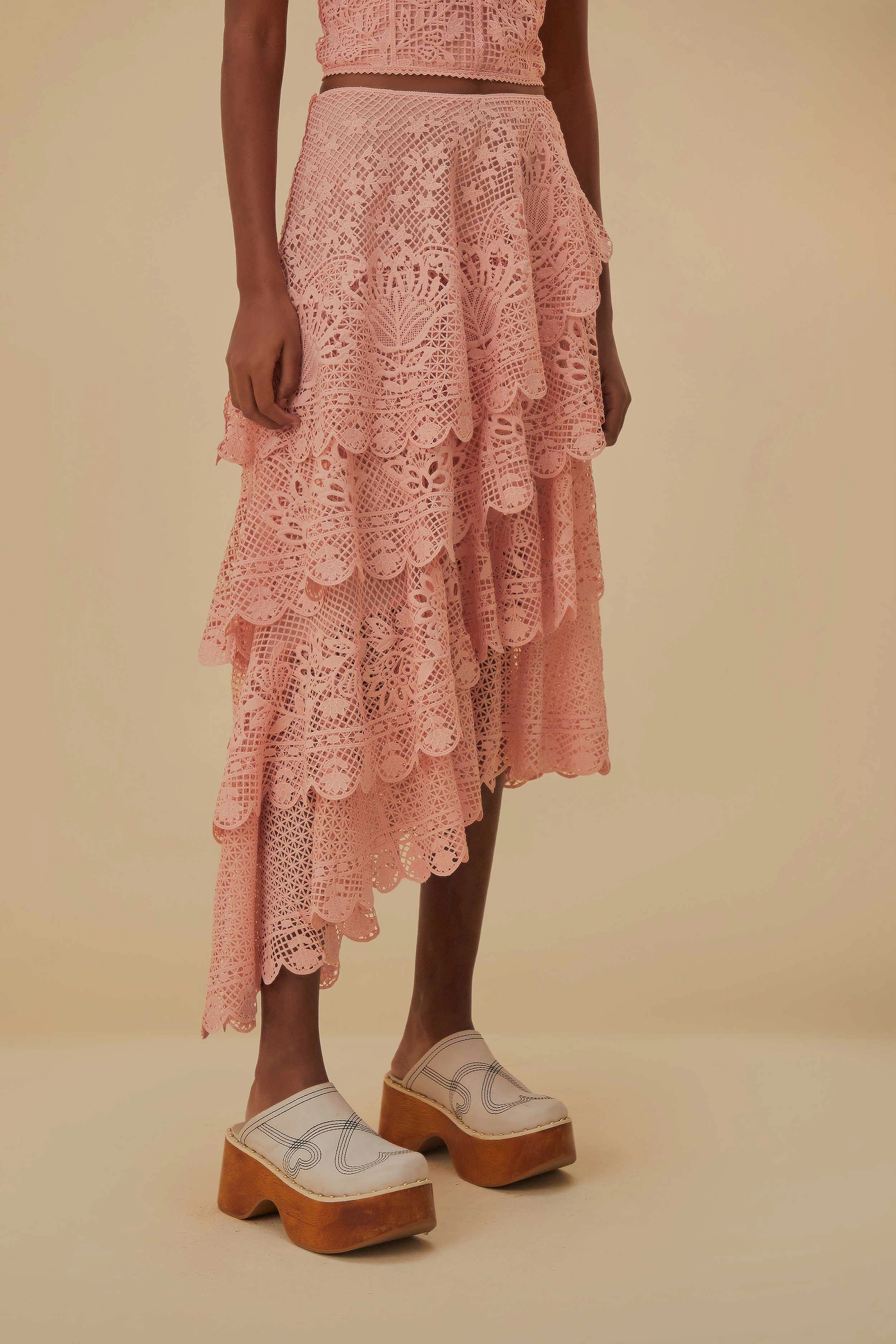 Light Pink Guipure Layered Maxi Skirt Soft Touch Elegant Feel