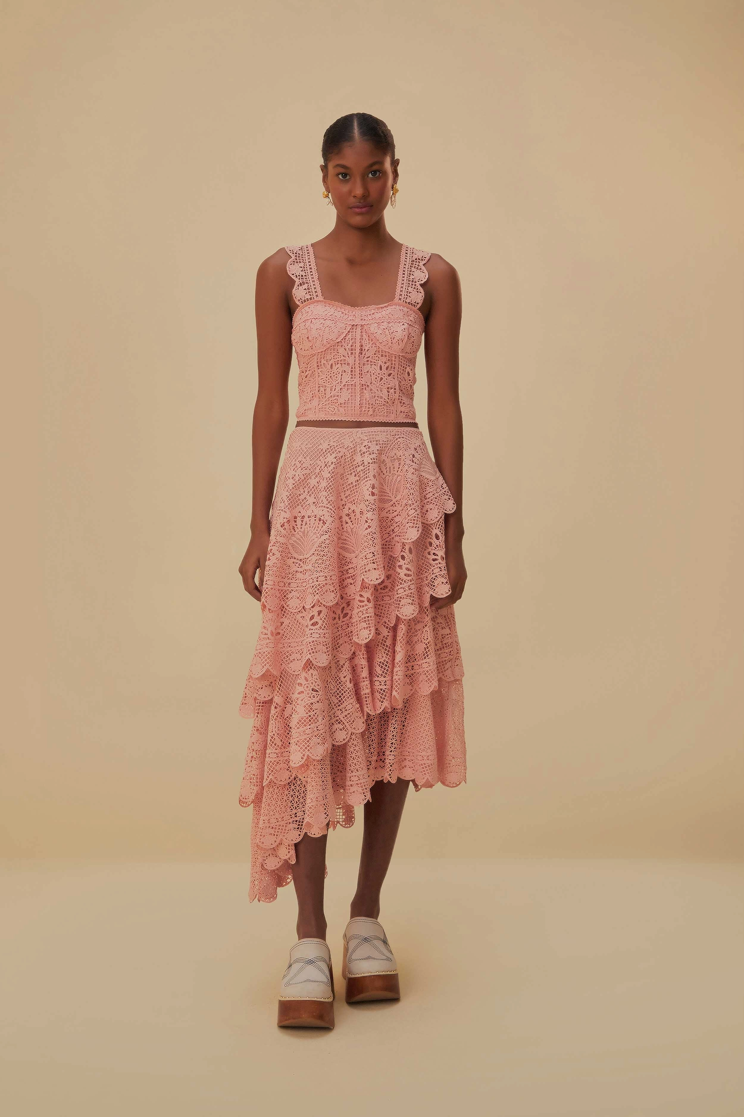 Light Pink Guipure Layered Maxi Skirt Limited Quantity