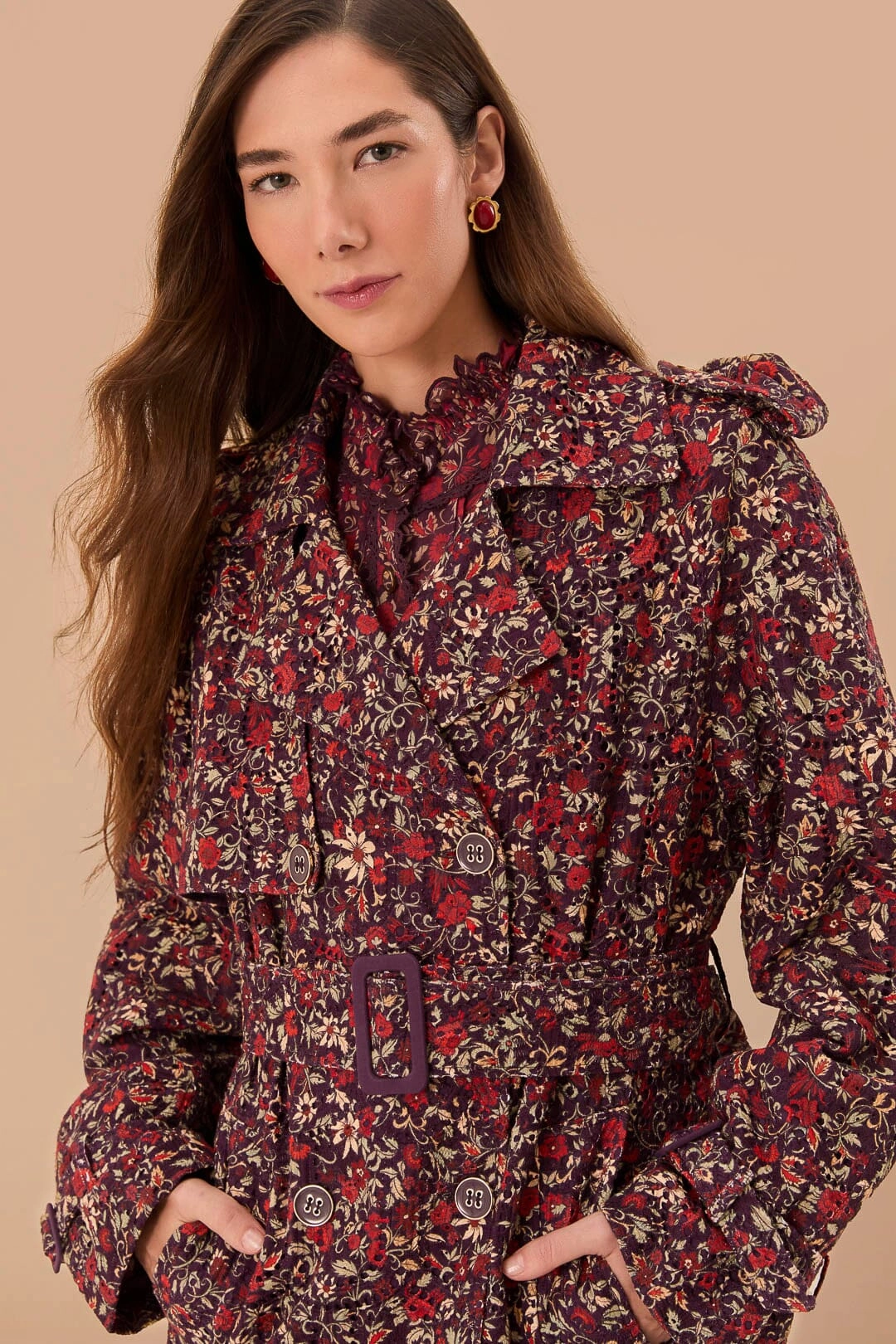 Purple Chelsea Garden Cotton Eyelet Trench Coat Heat Retention