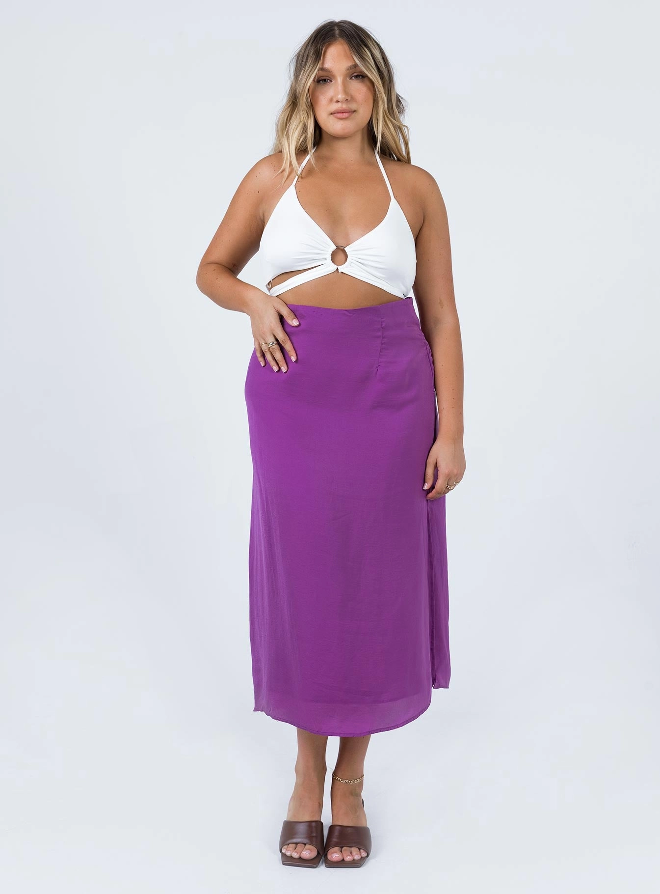 Linen blend Dezi Satin Midi Skirt Purple