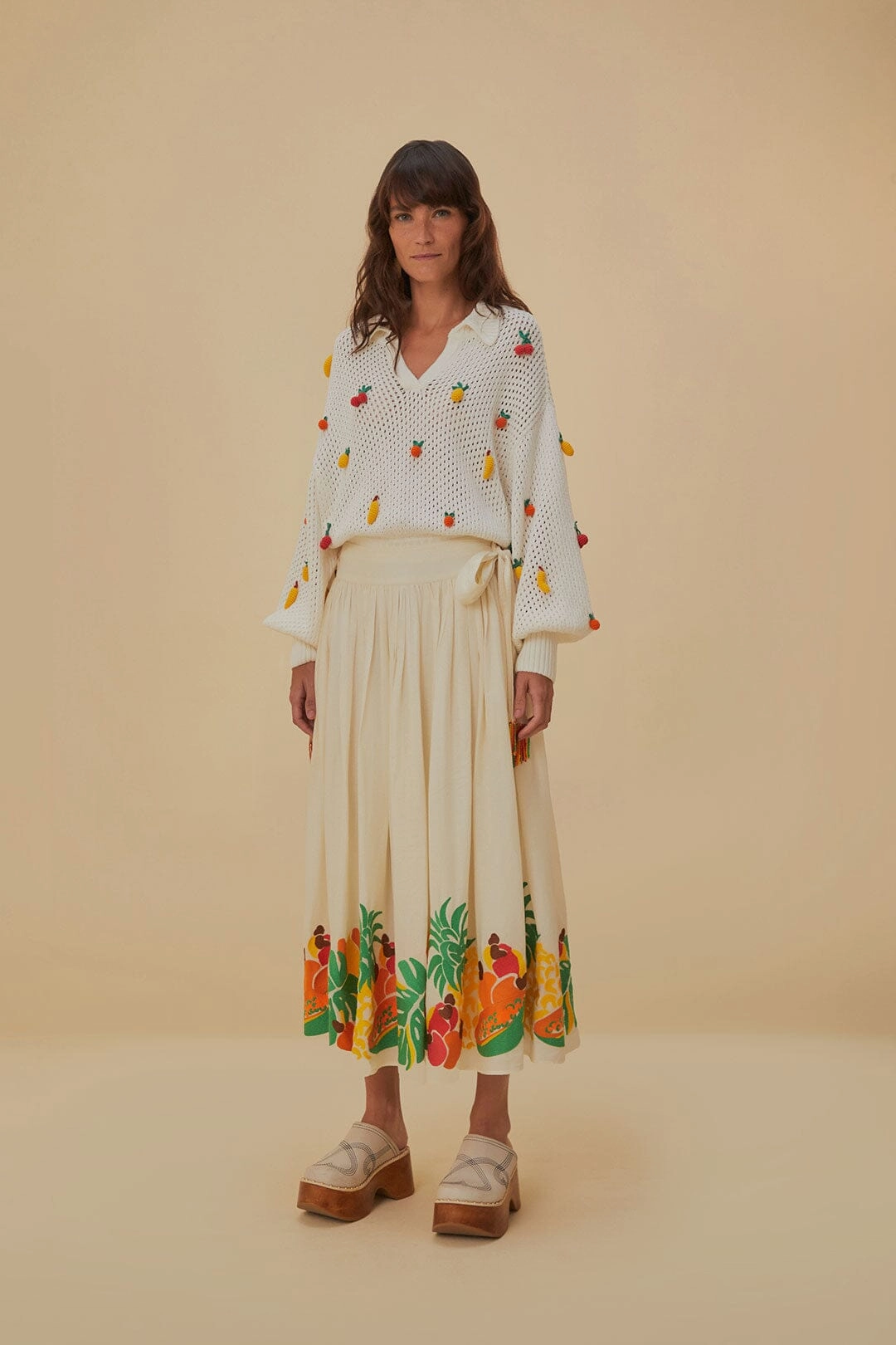 Runway Inspired Embroidered Fruits Side Bow Midi Skirt