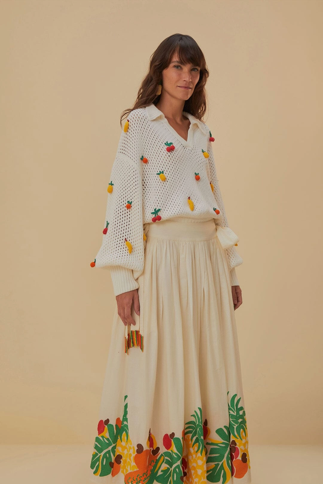 Urban Edge Basic Layers Embroidered Fruits Side Bow Midi Skirt
