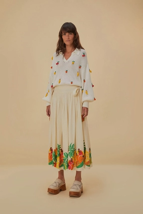 Runway Inspired Embroidered Fruits Side Bow Midi Skirt