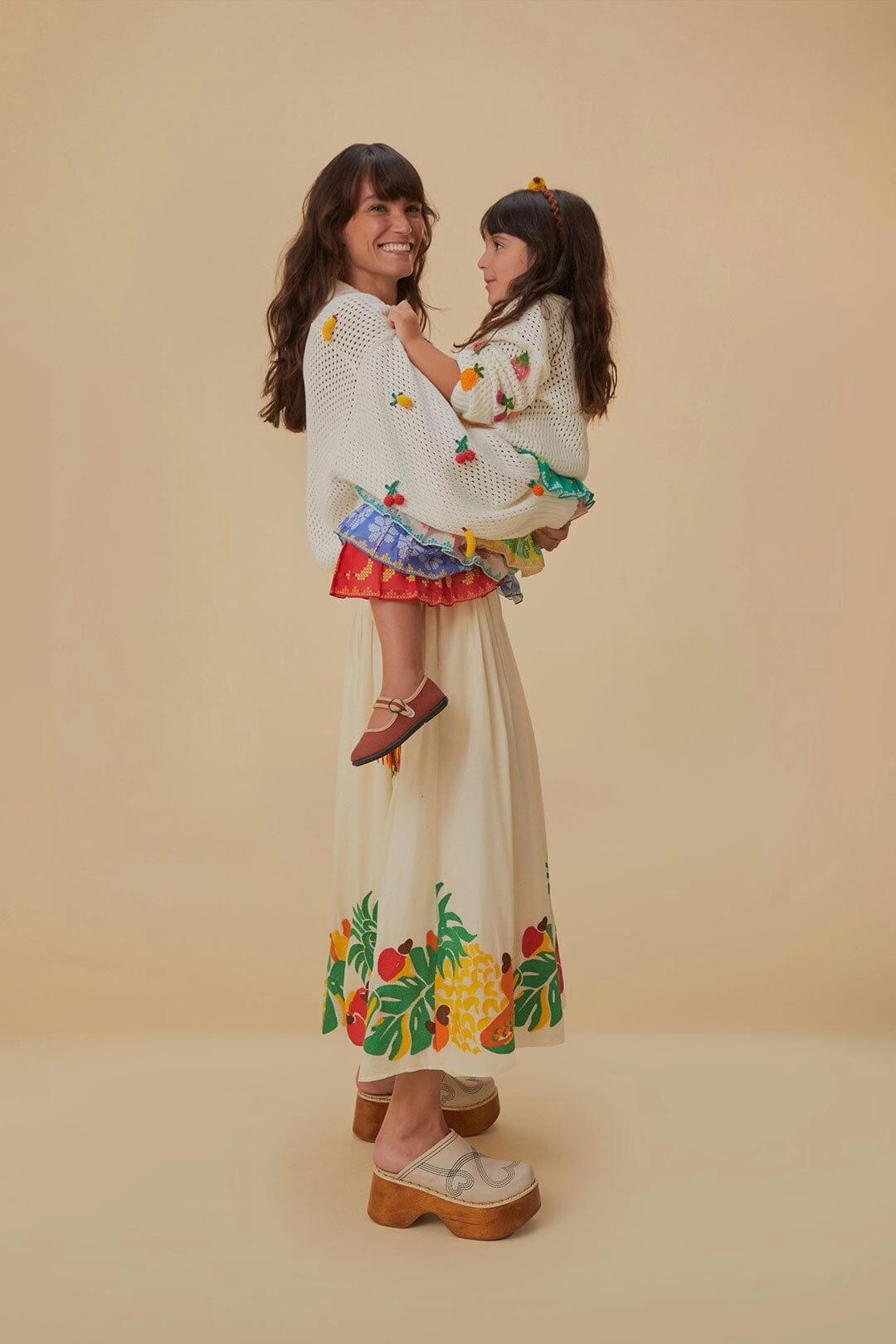Embroidered Fruits Side Bow Midi Skirt Wrap style Matching Belt