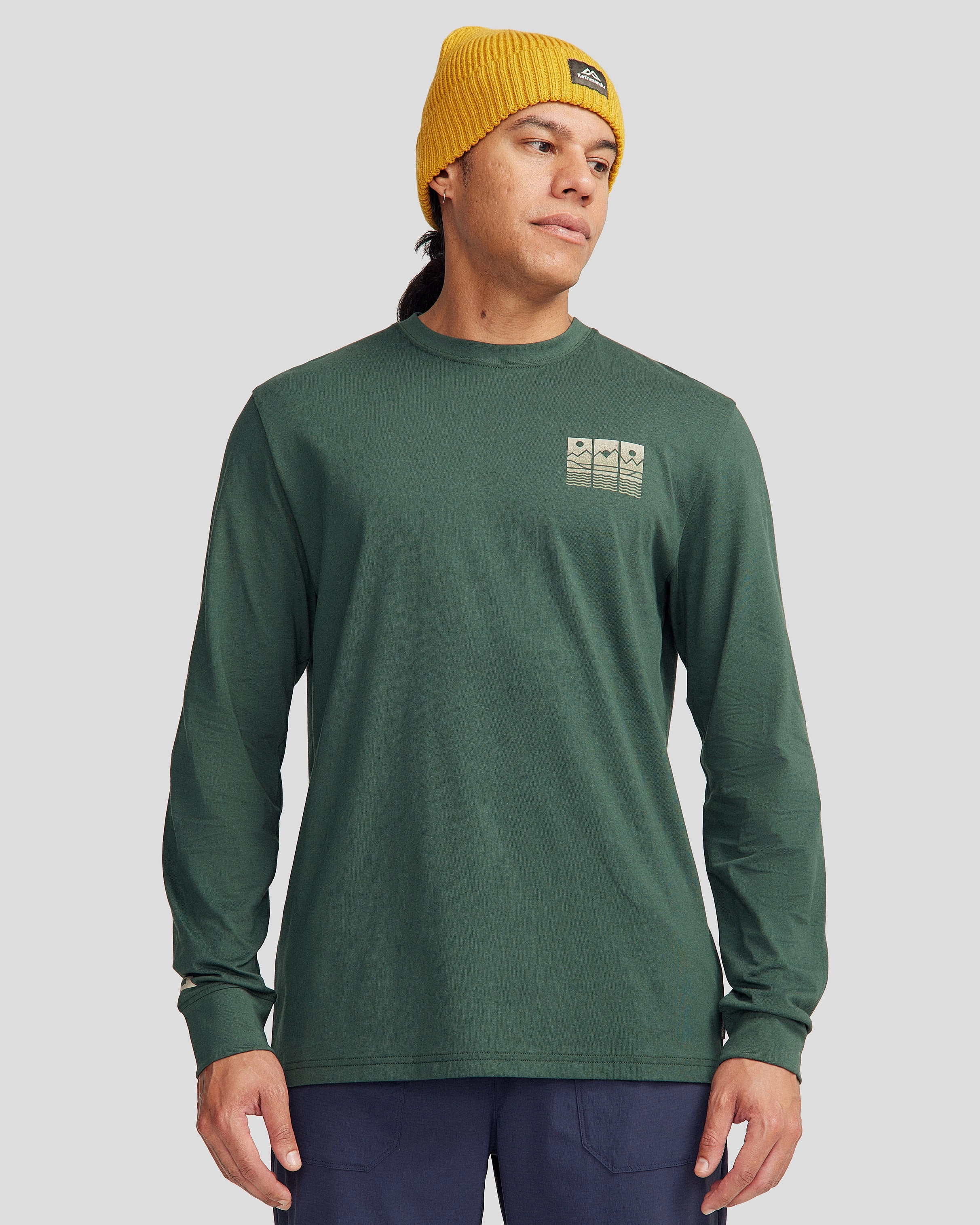 Sleek Performance Wear Men's Mountain Triptych Organic Cotton Long Sleeve T-shirt - Deep Forest