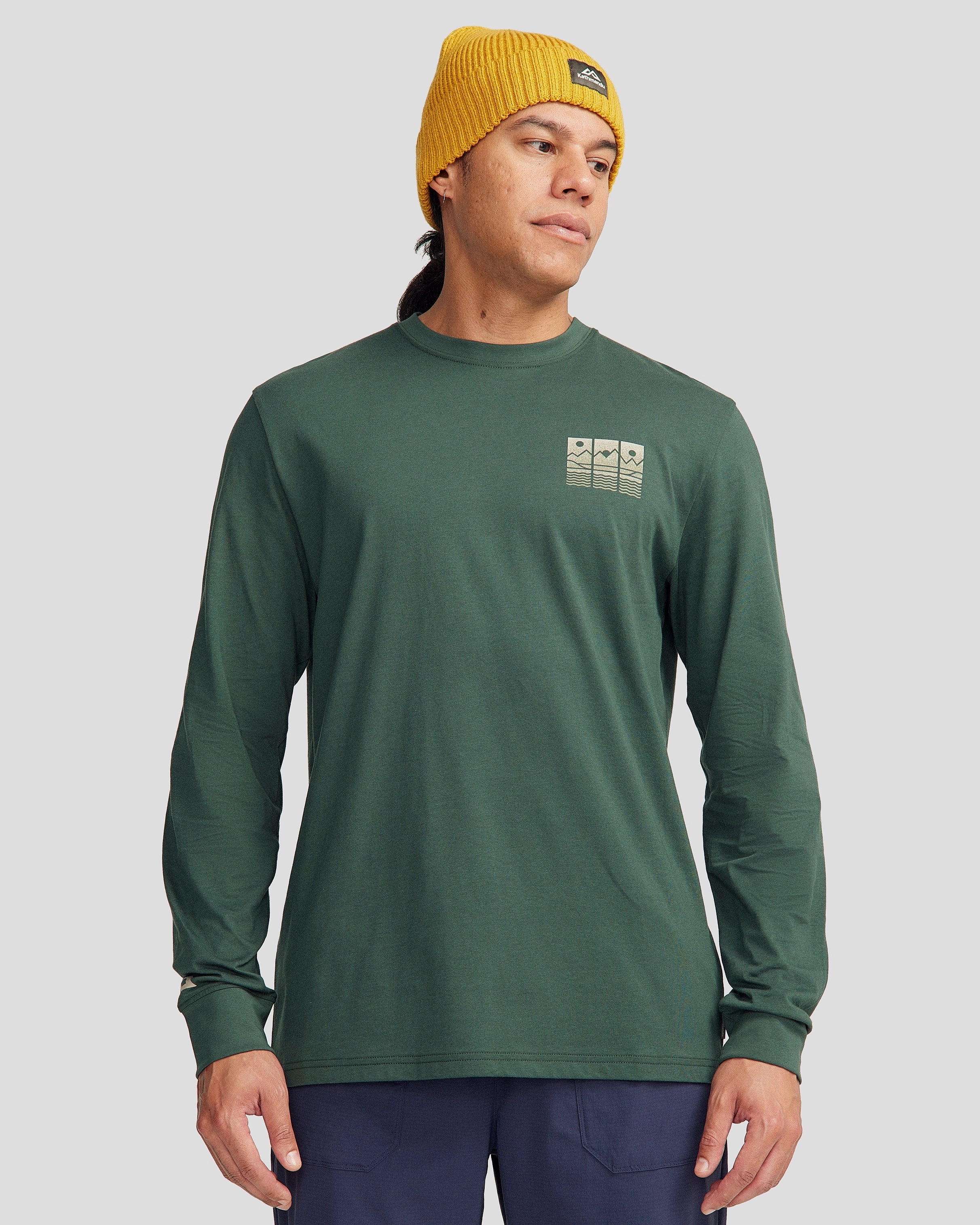 Men's Mountain Triptych Organic Cotton Long Sleeve T-shirt - Deep Forest Layerable Look Performance Wear Fit