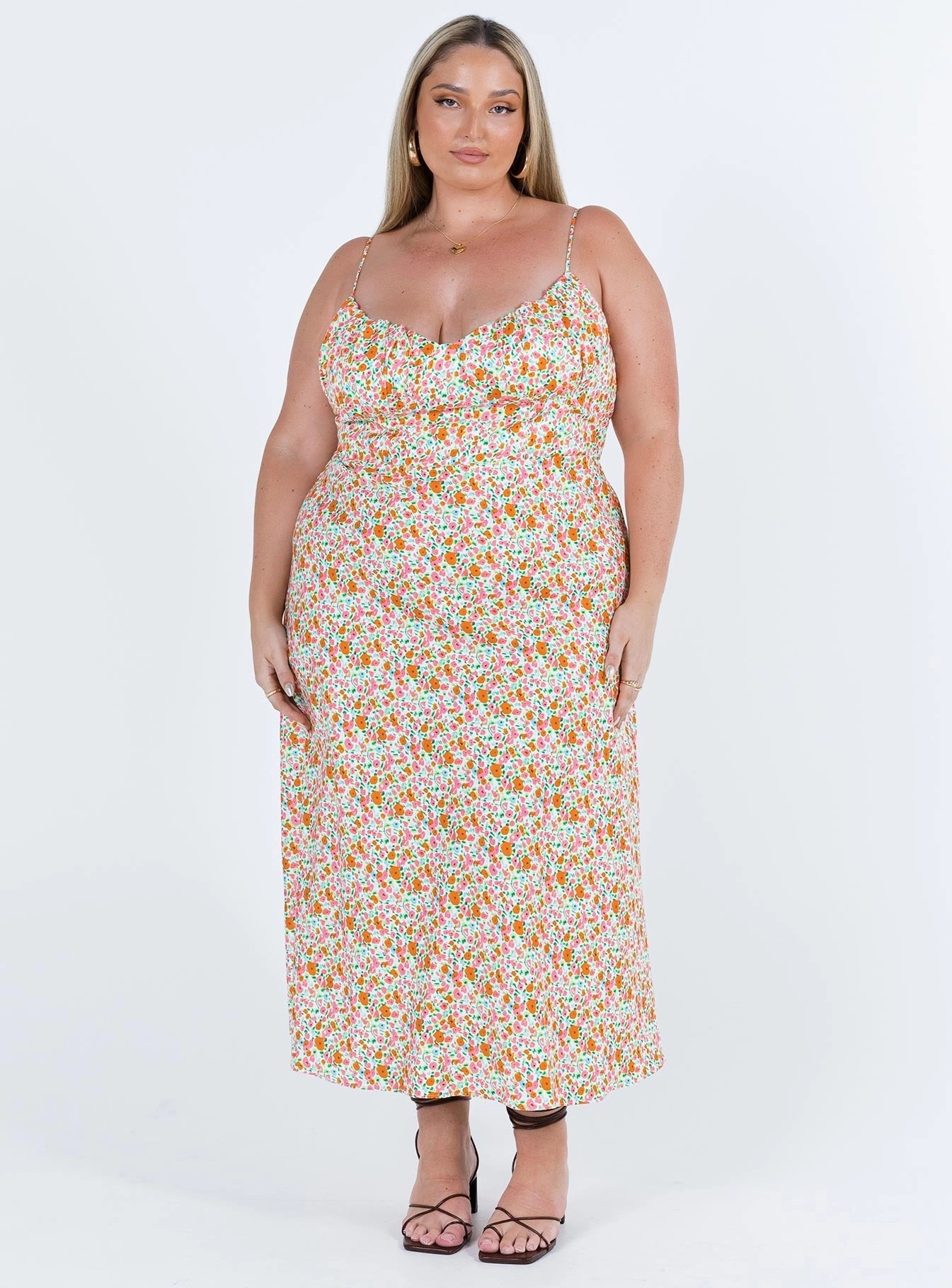 Amara Floral Midi Dress Multi Curve Side Pleats Comfortable Design Wear