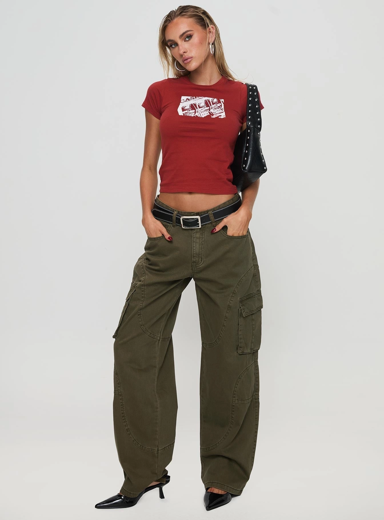 Ahstin Mid Rise Straight Leg Cargo Jeans Green Petite Laser Cut Edges