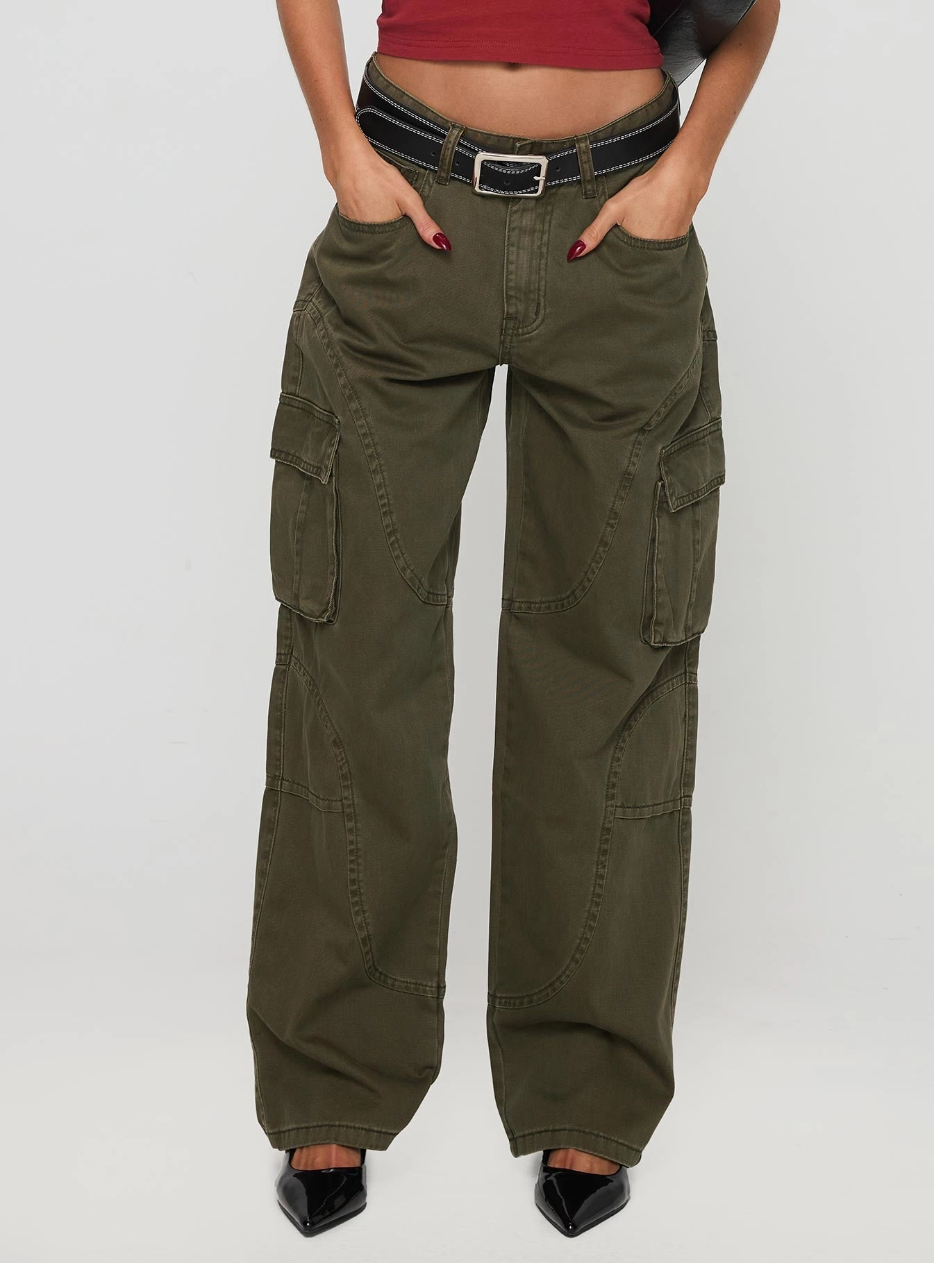 Non Restrictive Cut Ahstin Mid Rise Straight Leg Cargo Jeans Green Petite