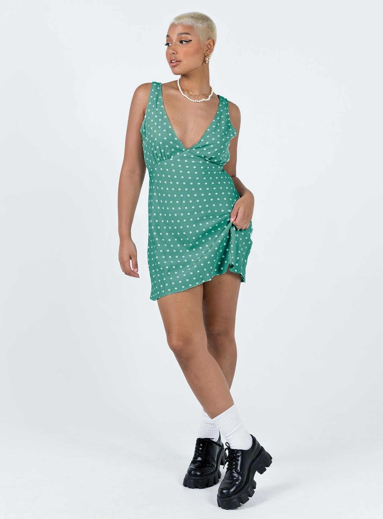 Embroidered Fabric Cool Finish Nellie Mini Dress Green Polka Dot