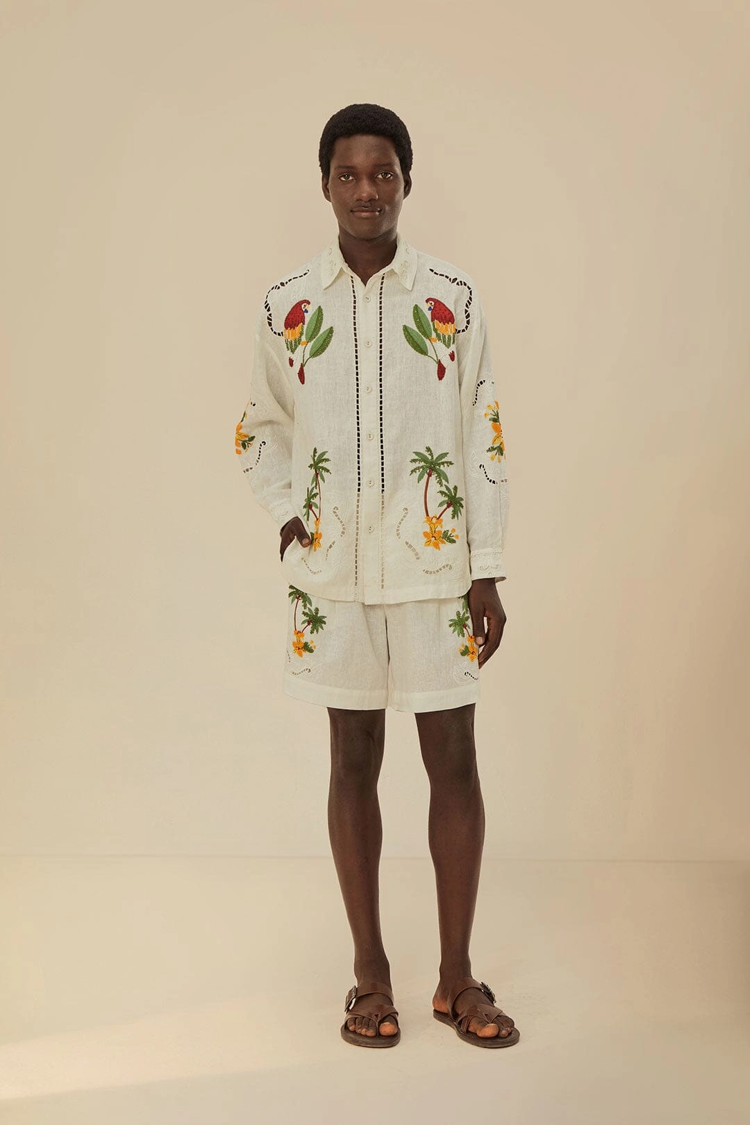 Sleek Stretch Elastic Comfort Tropical Destination Embroidered Euroflax? Premium Linen Shorts