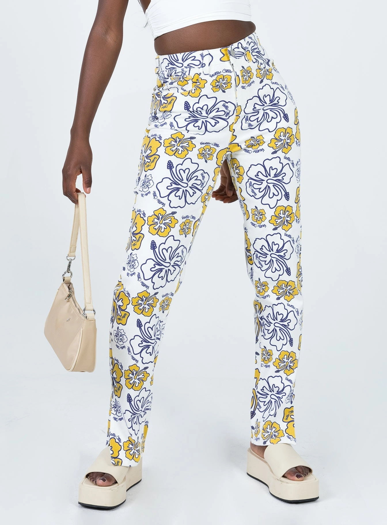 Vintage Wash Tropical Dreams High Rise Straight Leg Denim Jeans Off White